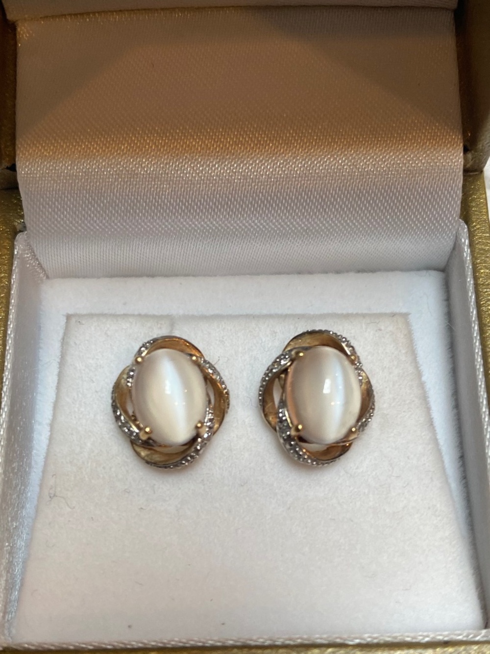 Moonstone & Diamond Accent 14 Karat Gold Earrings.